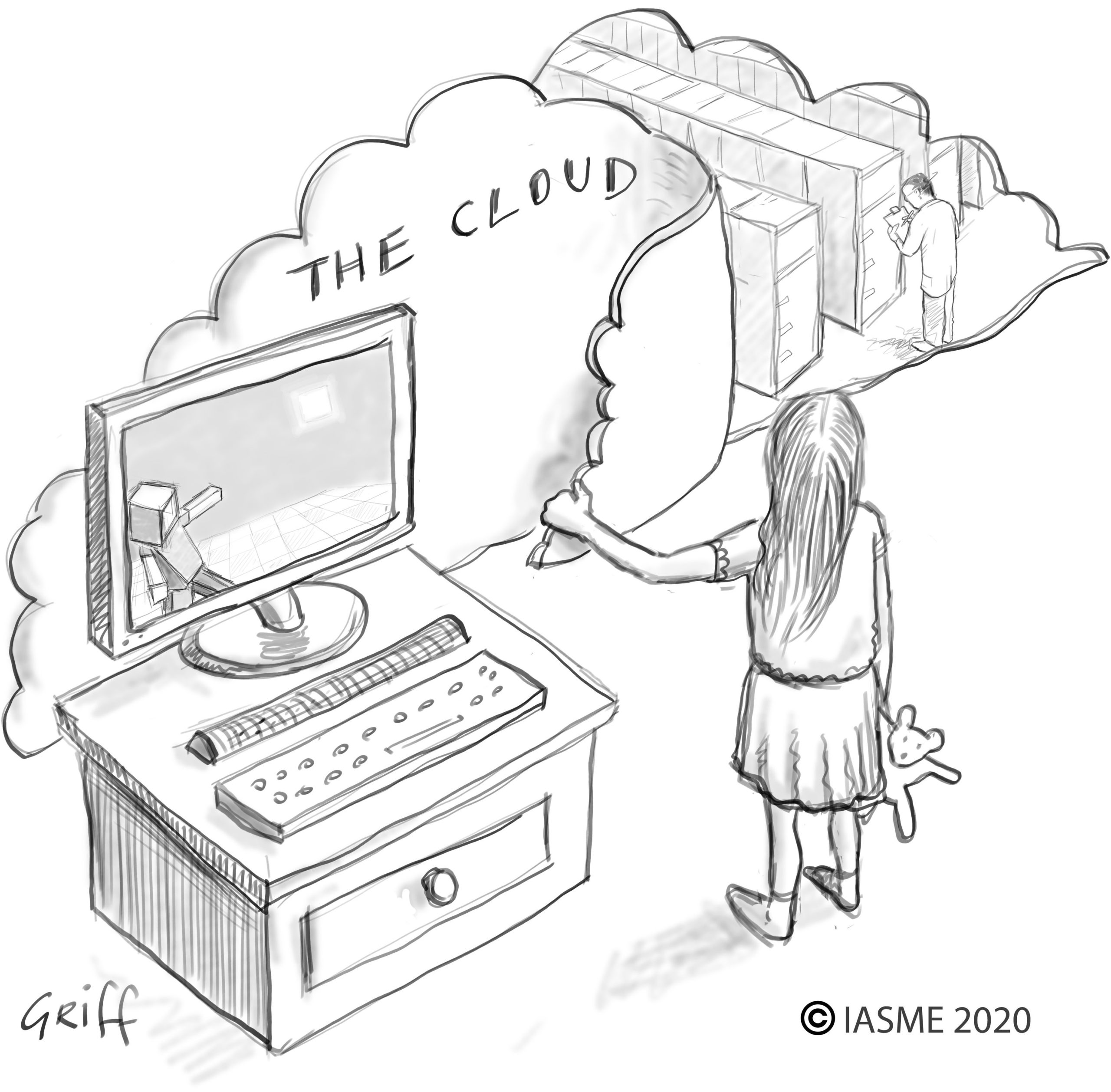 A person discovering that the cloud are a bunch of servers linked to the computer at home