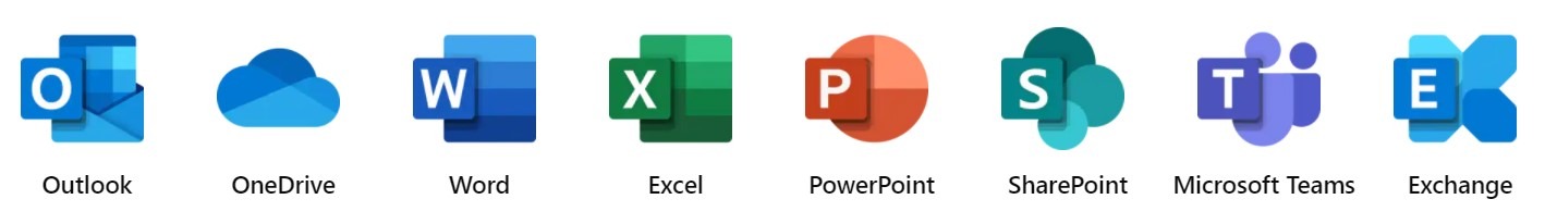 Logos of Microsoft Outlook, OneDrive, Word, Excel, PowerPoint, SharePoint, Teams and Exchange as part of the Microsoft 365 Business package