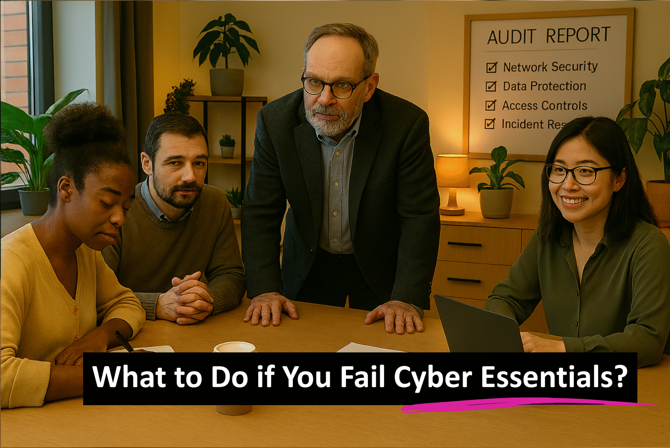 Cyber Essentials advisory concept showing a business improving its security after a failed certification attempt