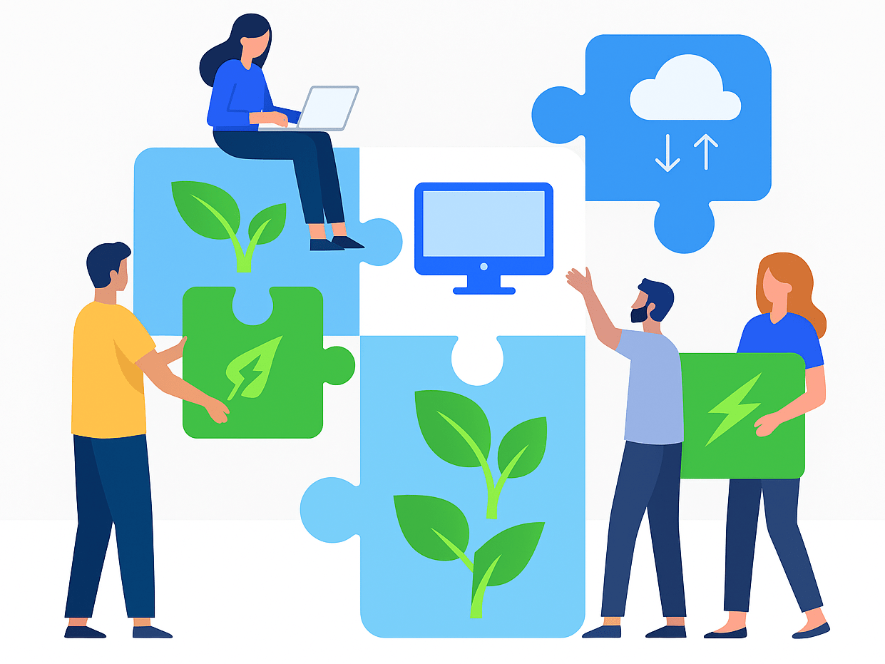 Team working together on sustainable technology and eco friendly IT solutions