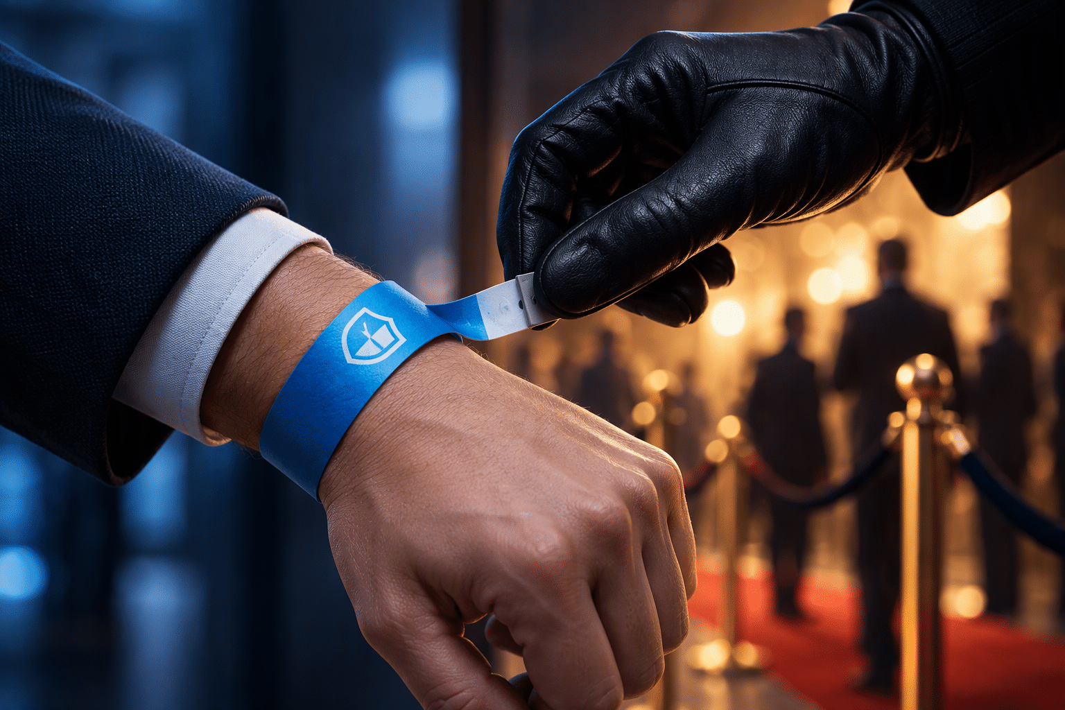 Session cookie hijacking illustrated by a gloved hand stealing a security wristband from a user, representing theft of an authenticated session after MFA.