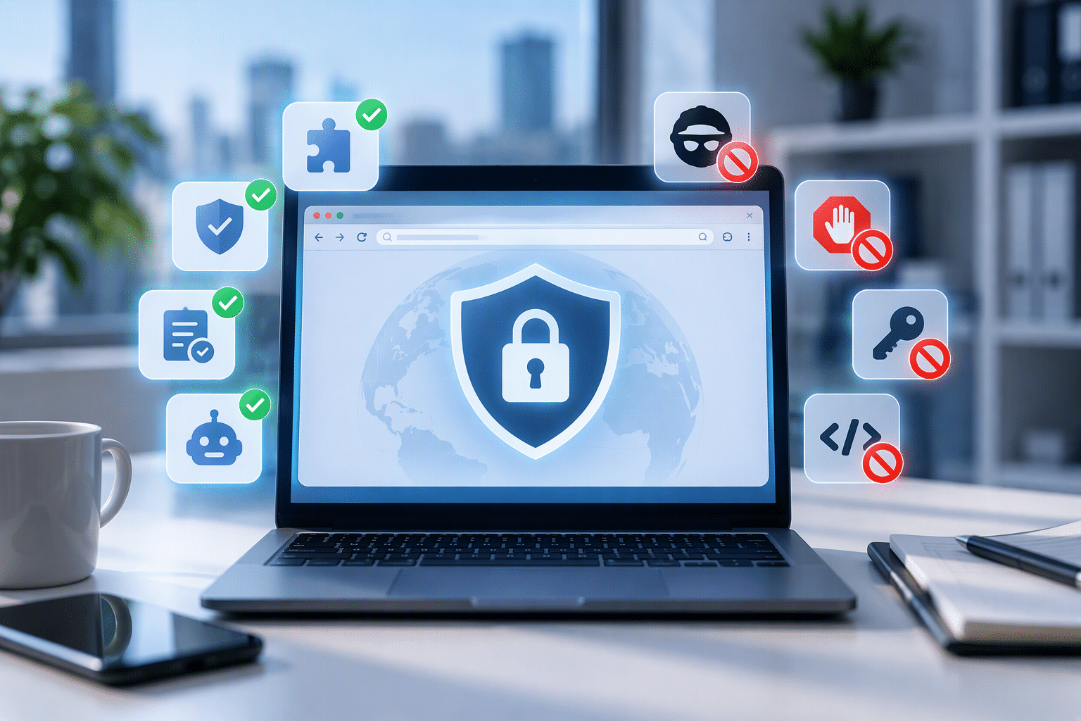 Browser extension security for businesses, showing a protected web browser with security controls and extension permissions